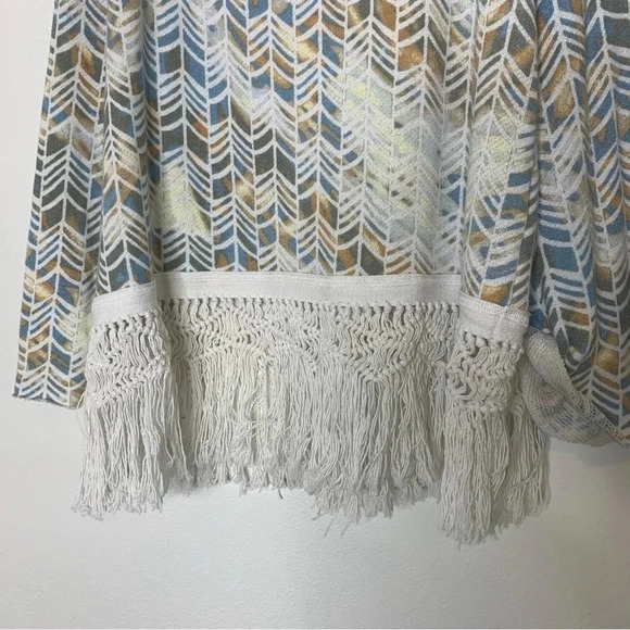 Free people geometric blue yellow white fringe macrame long sleeve top sz Large - Picture 9 of 10